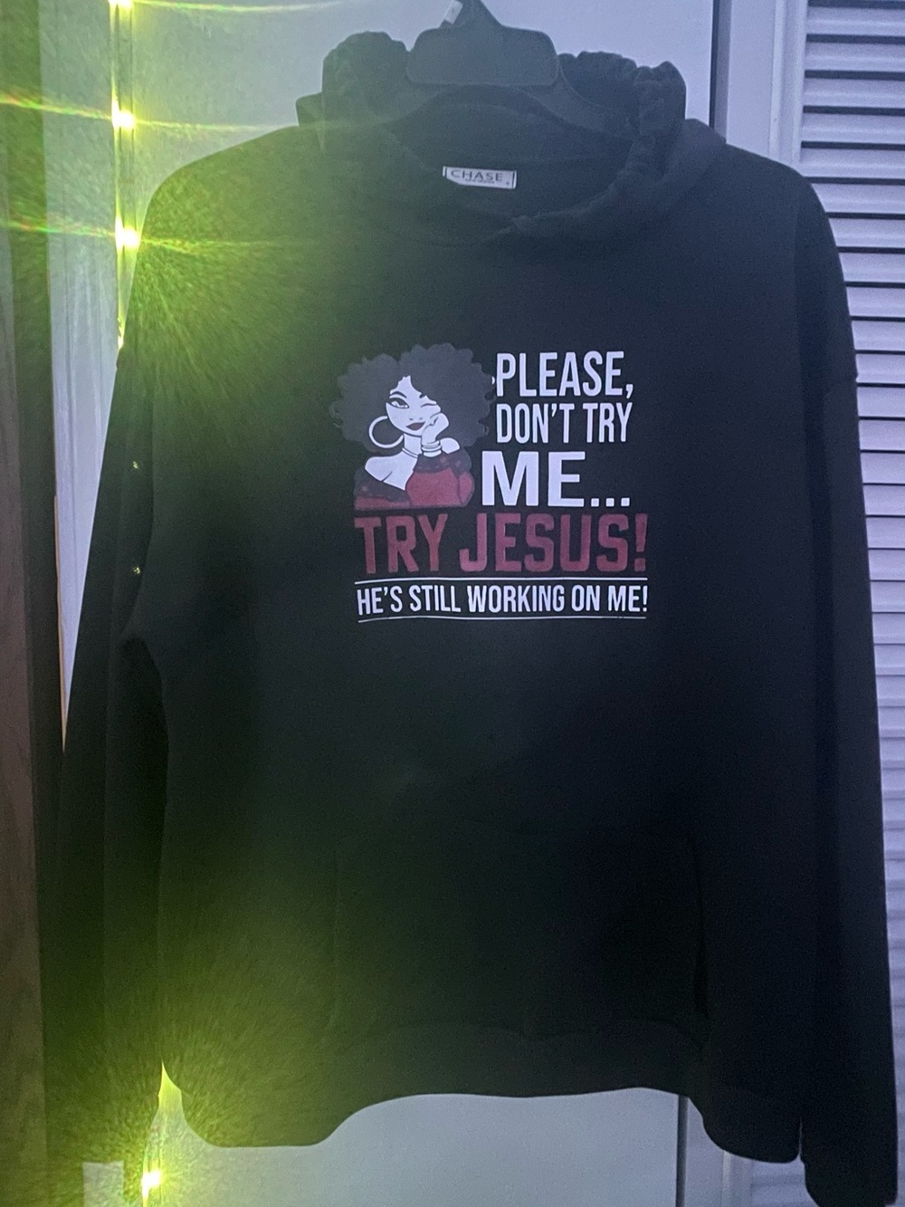 CHASE Vintage Black Graphic Hoodie Jesus Meme Size L XL Flawed Y2K